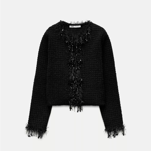 NEW Zara Frayed Beaded Trim Knit Sweater in Black XL